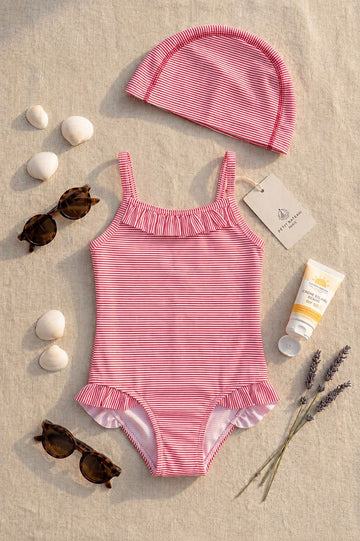 Maillot de bain fille rayé + Bonnet